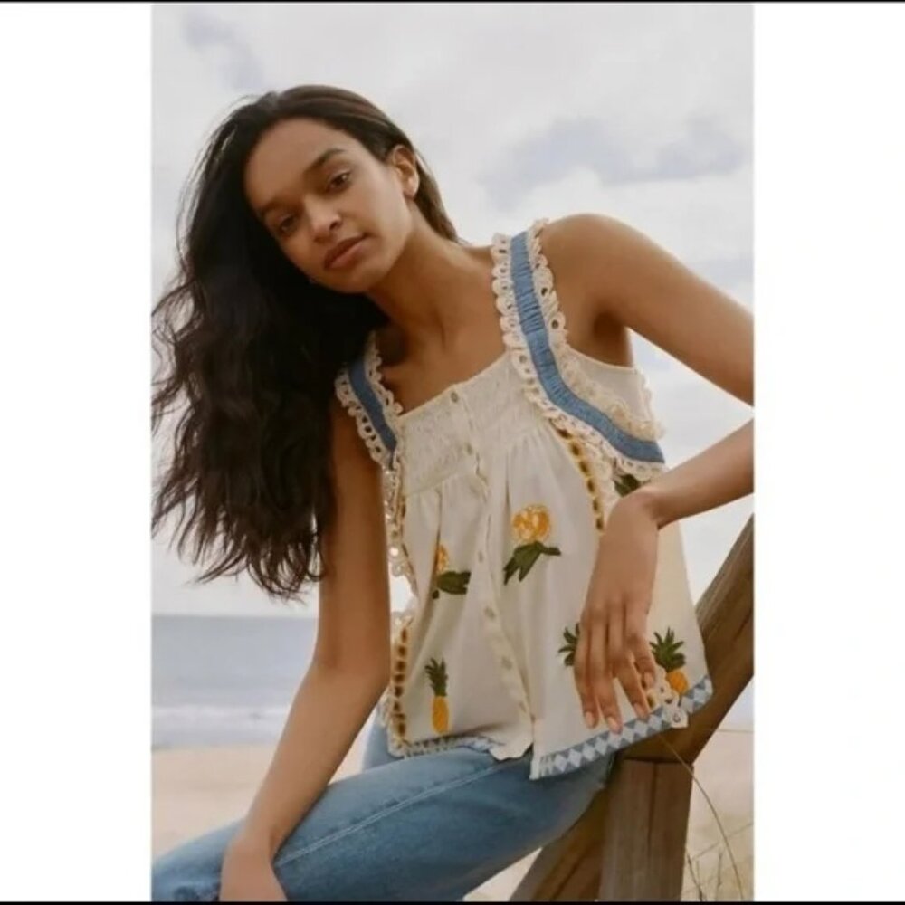 Anthropologie Cream and Blue Embroidered Tank Top